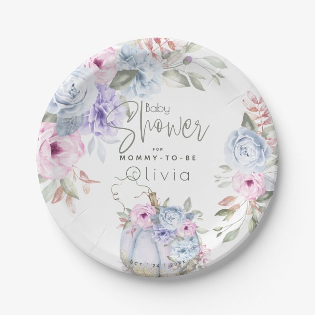 Assiettes En Carton Baby shower | Lilac Blue Citrouille Peony Floral (Devant)