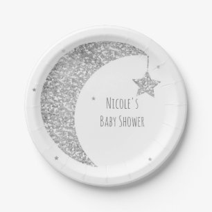 Assiettes En Carton Baby Shower Lune et Étoiles Argent et Blanc