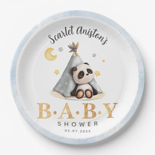 Assiettes En Carton Baby shower mignon Boho Panda dans la tente (Devant)