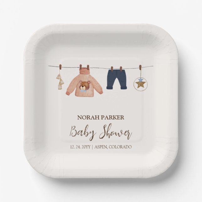 Assiettes En Carton Baby shower minimal Boho Boy Winter Clothesline (Recto)