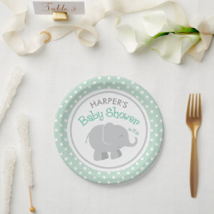 Assiettes En Carton Baby shower moderne à la menthe et à l'éléphan