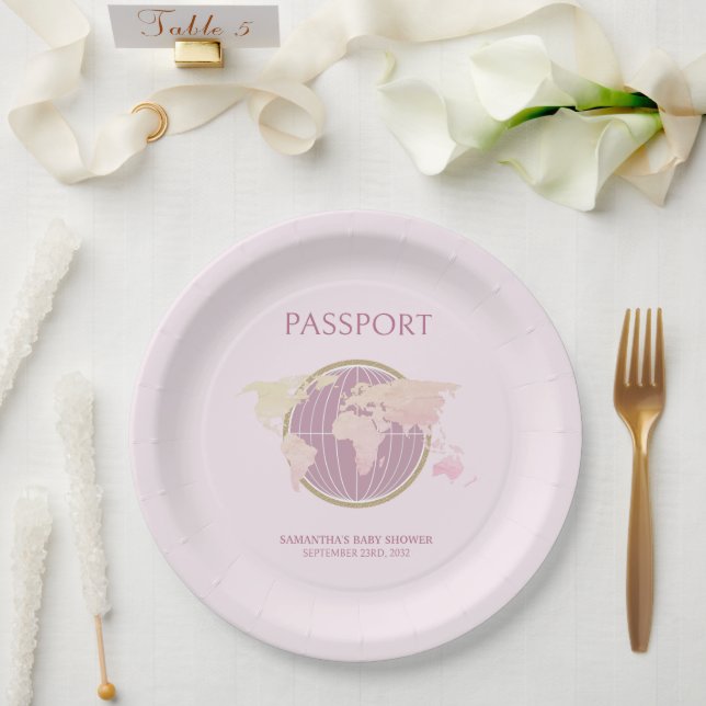 Assiettes En Carton Baby shower Moderne À Thème Passeport Rose (Mariage)