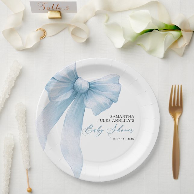 Assiettes En Carton Baby shower moderne Blue Bow (Mariage)
