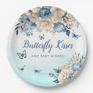 Assiettes En Carton Baby shower moderne Boho floral bleu papillon fill
