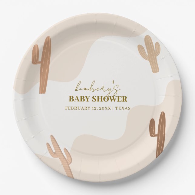 Assiettes En Carton Baby shower moderne de Boho Cactus neutre par sexe (Devant)