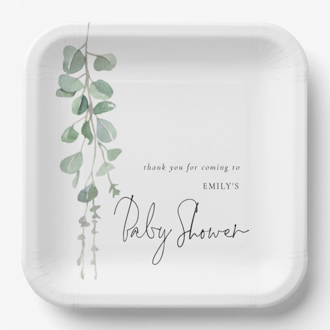 Assiettes En Carton Baby shower moderne de nom Eucalyptus (Recto)