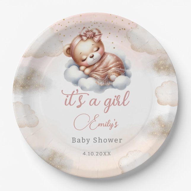 Assiettes En Carton Baby shower moderne mignon en peluche ours rose ro (Devant)