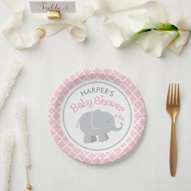 Assiettes En Carton Baby shower moderne rose et gris éléphant fille (Mariage)