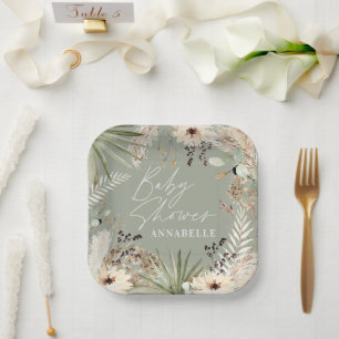 Assiettes En Carton Baby shower moderne rustique pampas herbe feuillag