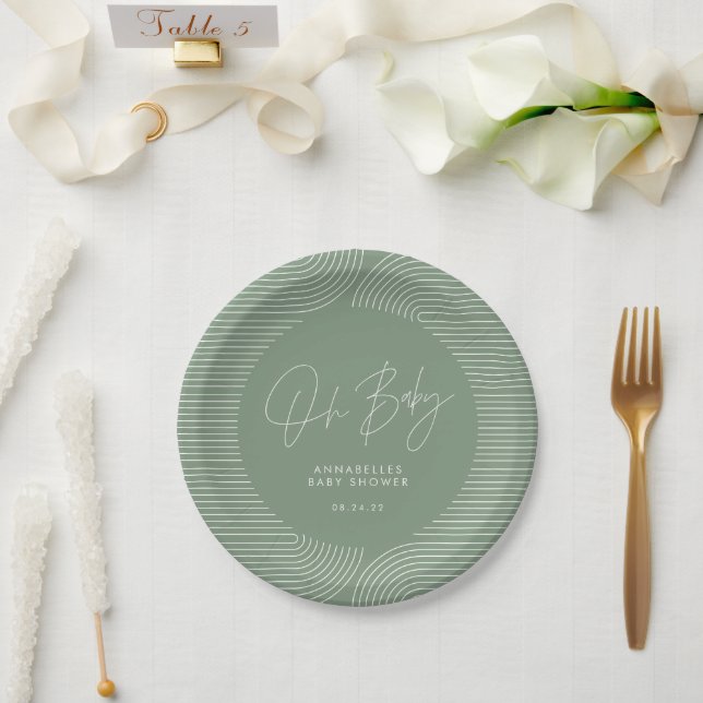 Assiettes En Carton Baby shower moderne sauge vert élégant géométrique (Mariage)