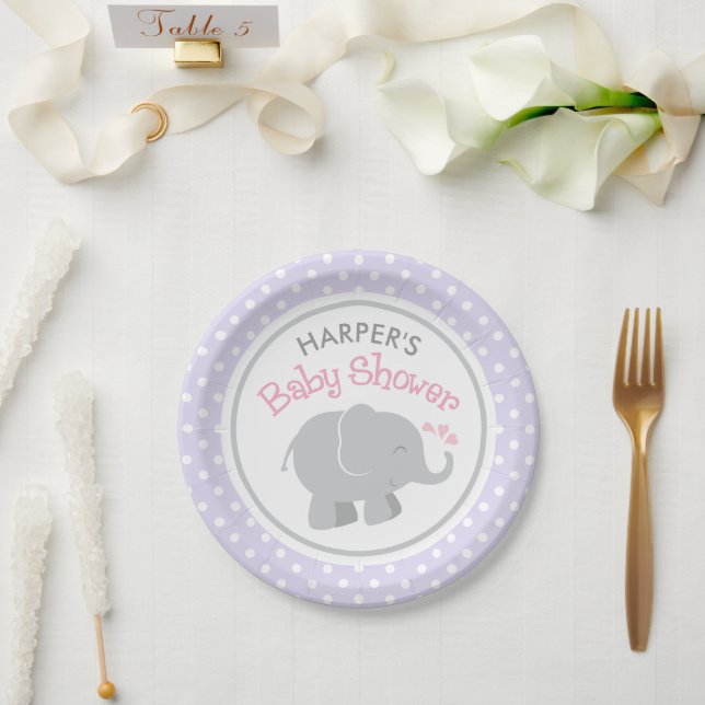 Assiettes En Carton Baby shower moderne violet gris éléphant fille (Mariage)