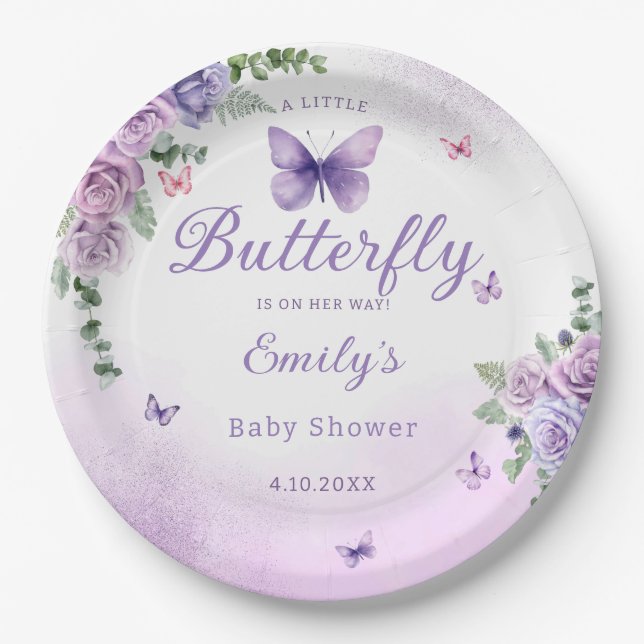 Assiettes En Carton Baby shower moderne Watercolo papillon floral fill (Devant)