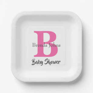 Assiettes En Carton Baby shower Monogramme rose blanc mignon Élégant