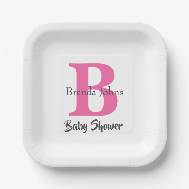 Assiettes En Carton Baby shower Monogramme rose blanc mignon Élégant (Recto)