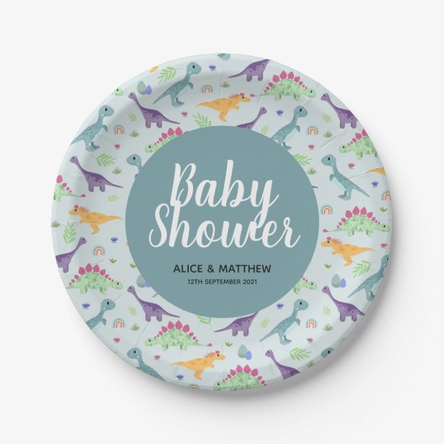 Assiettes En Carton Baby shower Motif Boys Cute Blue Dinosaur (Devant)