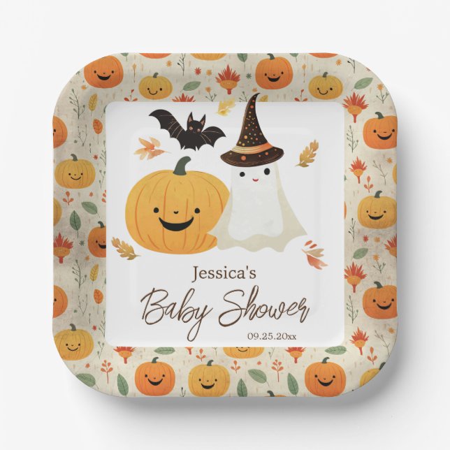 Assiettes En Carton Baby shower Motif de Little Boo Halloween (Recto)