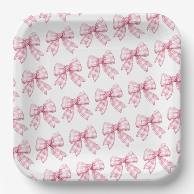 Assiettes En Carton Baby shower Motif rose En vichy bow moderne (Recto)