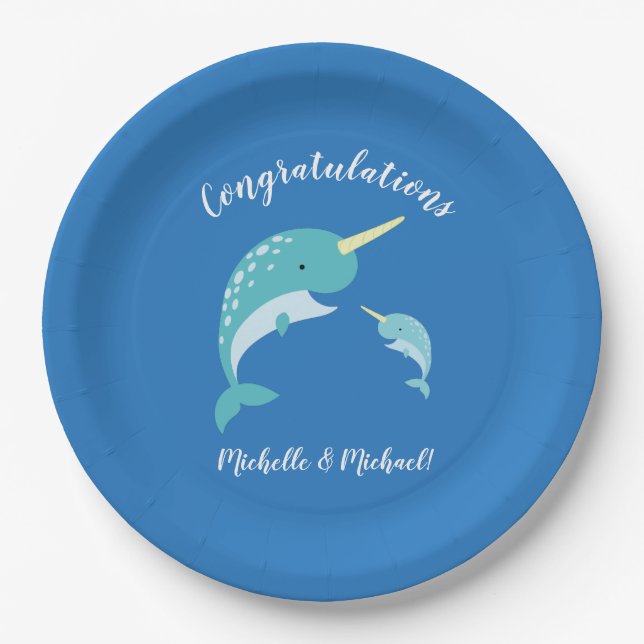 Assiettes En Carton Baby shower Narwhal Blue Boy Whale (Devant)