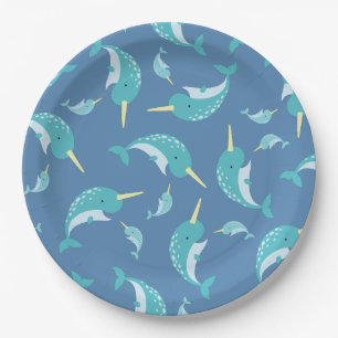 Assiettes En Carton Baby shower Narwhal Blue Boy Whale