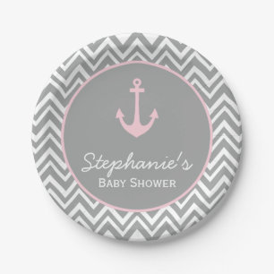 Assiettes En Carton Baby shower nautique de Chevron de rose gris et en