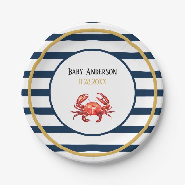 Assiettes En Carton Baby shower nautique de crabe de rayures (Devant)
