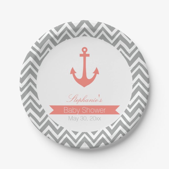 Assiettes En Carton Baby shower nautique gris Chevron et corail rose (Devant)
