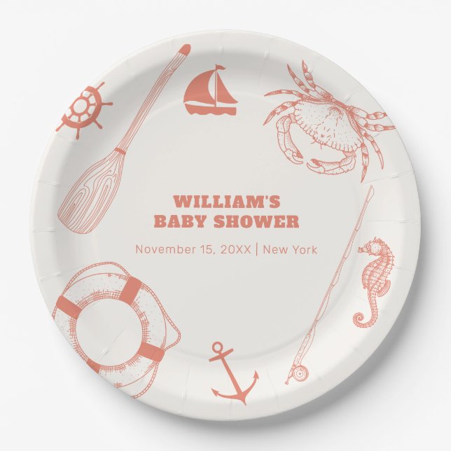 Assiettes En Carton Baby shower Neutral moderne nautique de pêche garç (Devant)
