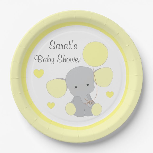 Assiettes En Carton Baby shower neutre Arrosage d'éléphant gris jaune (Devant)