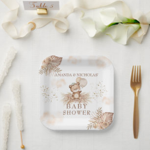 Assiettes En Carton Baby shower neutre de Boho Ours en peluche