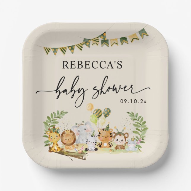 Assiettes En Carton Baby shower neutre Safari Jungle Party (Recto)