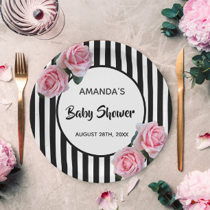 Assiettes En Carton Baby shower noir blanc rayures rose roses