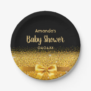 Assiettes En Carton Baby shower noir or élégant nom monogramme