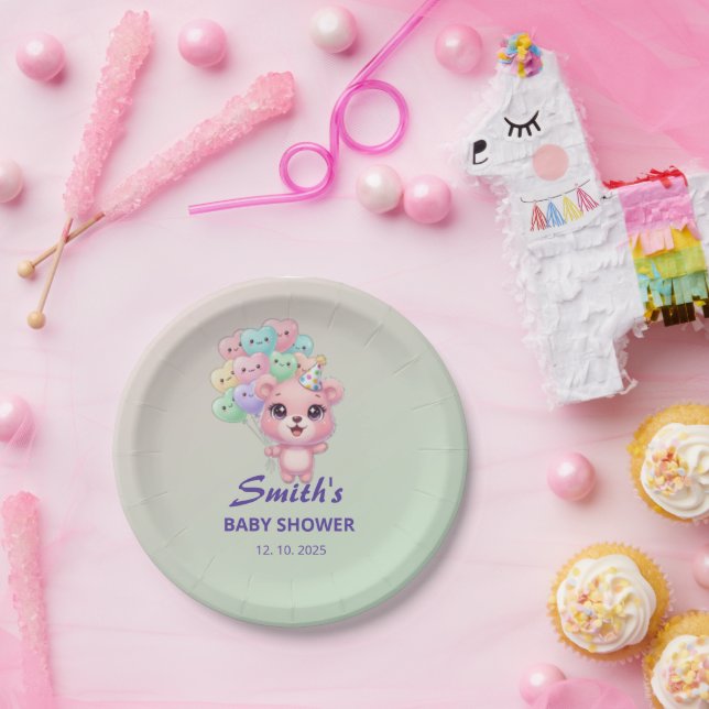 Assiettes En Carton "Baby shower Ours mignon avec date personnalisée (Fête)