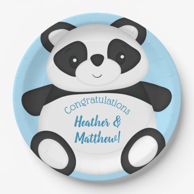 Assiettes En Carton Baby shower Ours Panda Bleu (Devant)
