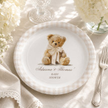 Baby shower ourson gingham ivoire beige