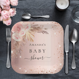 Assiettes En Carton Baby shower pampas herbe rose or parties scintilla