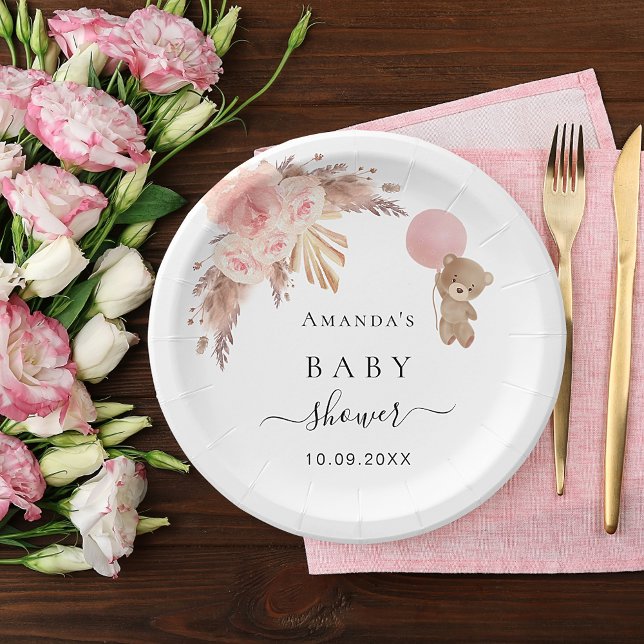Assiettes En Carton Baby shower pampas herbe rose or teddy (Créateur téléchargé)