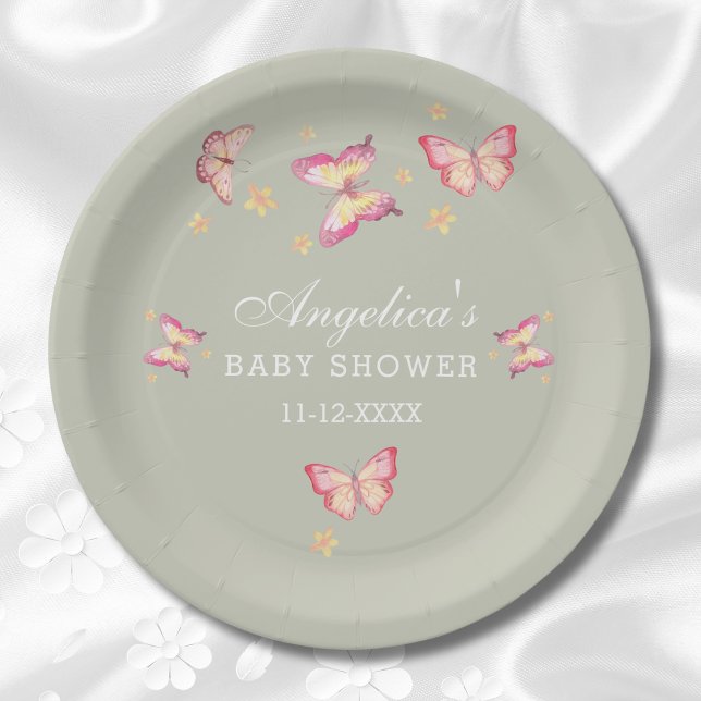 Assiettes En Carton Baby shower papillon rose rose pâle Sage Green (Créateur téléchargé)