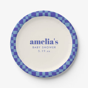 Assiettes En Carton Baby Shower personnalisé Damier Abstrait Bleu