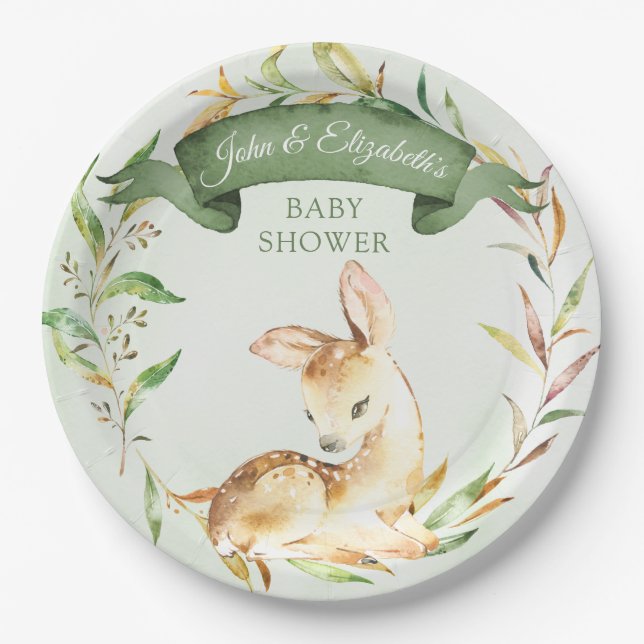 Assiettes En Carton Baby shower personnalisé de cerfs de bois vert (Devant)