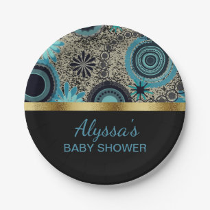 Assiettes En Carton Baby Shower Personnalisé Noir Turquoise Or