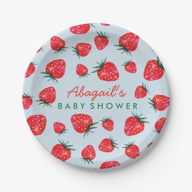 Assiettes En Carton Baby shower personnalisé par fraise d'aquarelle (Devant)