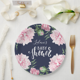 Assiettes En Carton Baby shower Pink Floral Navy Bleu