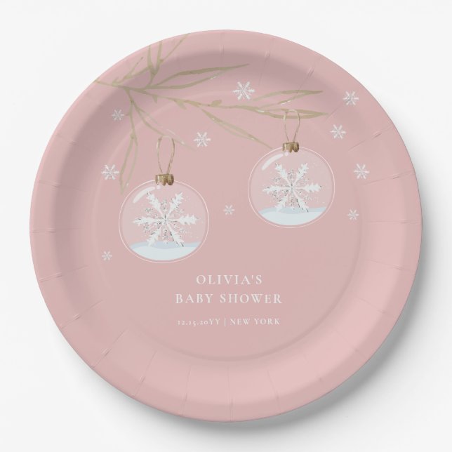 Assiettes En Carton Baby shower Pink Gold Winter Snowflake (Devant)
