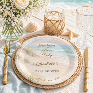Assiettes En Carton Baby Shower plage côtière Sea You Soon