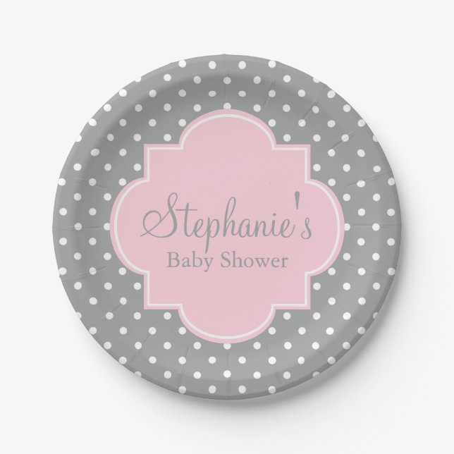 Assiettes En Carton Baby shower Pointe rose gris, blanc et pastel (Devant)