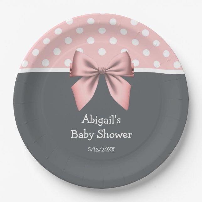 Assiettes En Carton Baby shower Pois rose et gris (Devant)