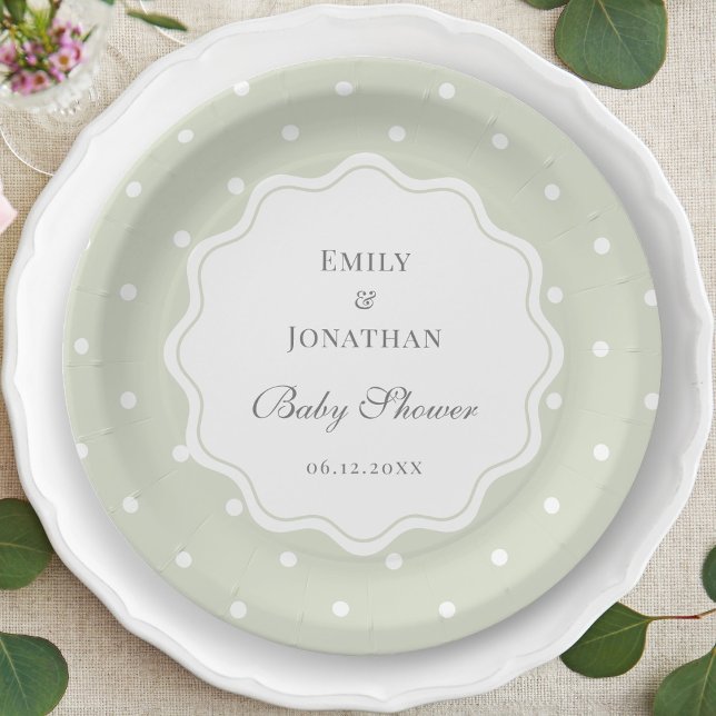 Assiettes En Carton Baby shower Pois vert et blanc de Sage clair (Créateur téléchargé)
