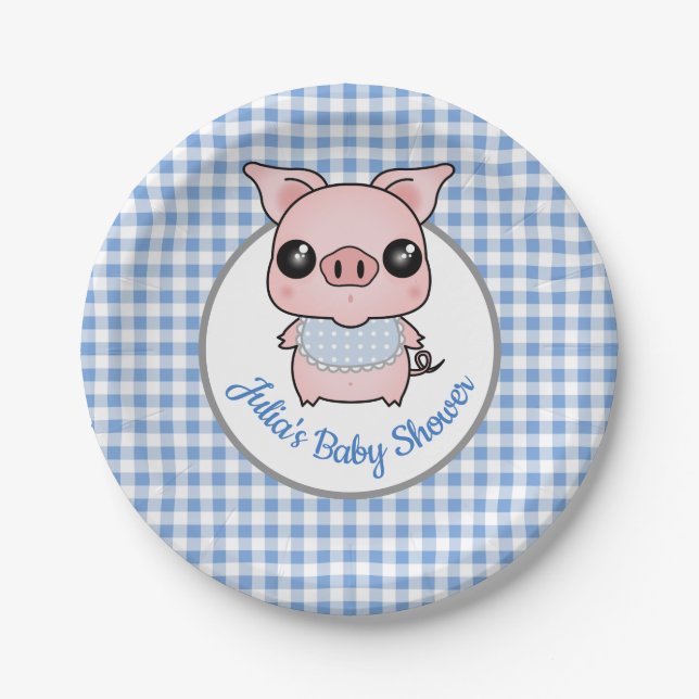 Assiettes En Carton Baby shower porcin de guingan bleu (Devant)