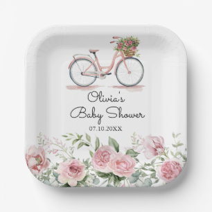 Assiettes En Carton Baby shower pour fille à vélo Vintage rose mou